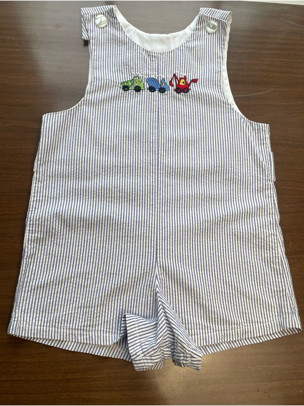 Striped Blue and White Kids Shortalls with Construction Embroidery